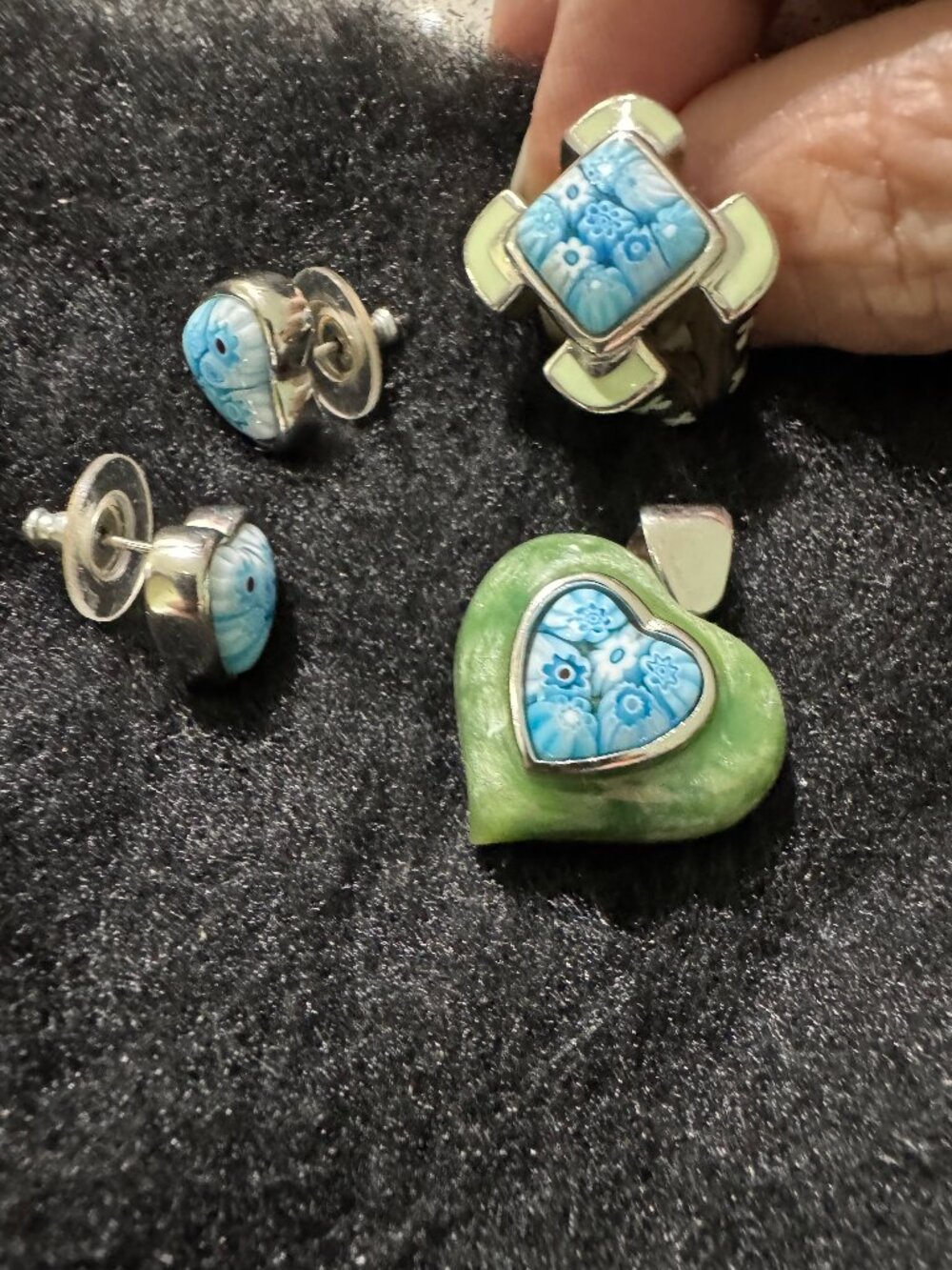 Blue Millefiori Glass Jewelry Set Ring Earrings Heart Pendant Green Silver Tone